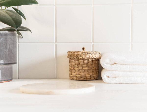 Marble white round podium for bathing products in bathroom, spa shampoo, shower gel, liquid soap. Place, background for cosmetics. Front view. Copy space