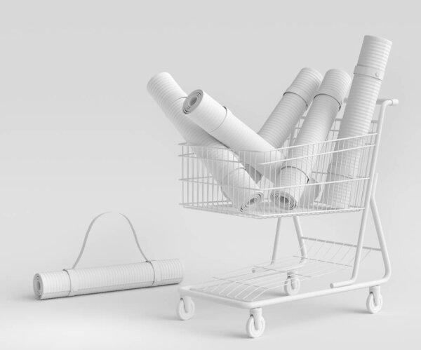 Sport equipment like yoga mat for fitness in shopping cart on monochrome background. 3d render of power lifting and fitness concept