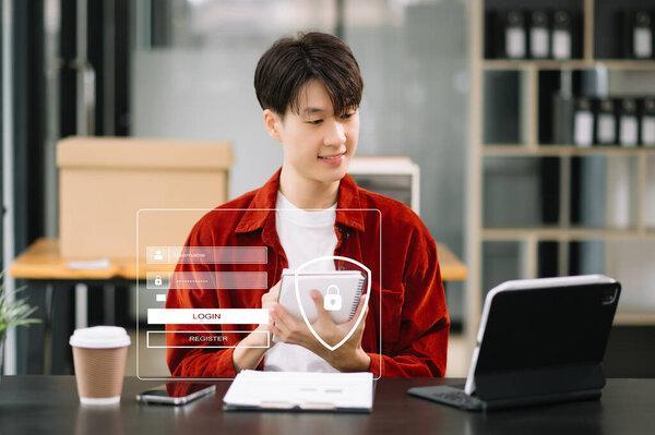 Cyber security concept, Login, User, identification information security and encryption, secure access to user's personal information man using smart phone and tablet in office