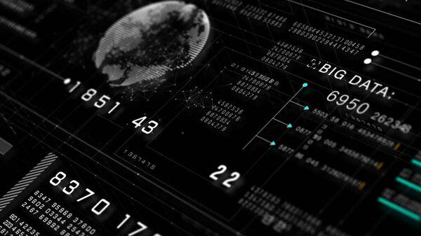 高科技数字仪表板，具有大数据分析、未来主义信息显示和全球网络可视化的黑白主题。技术摘要背景3D渲染