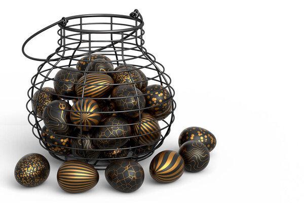 Golden and black Easter eggs in basket or tray and chocolate eggs on white background. 3d render of Happy easter elegant design layout for invitation, card, menu, flyer, banner, poster, voucher