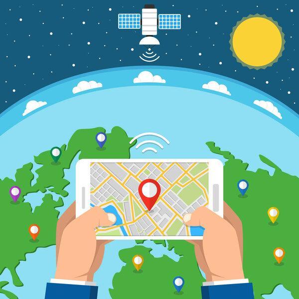 Mobile gps navigation map with pointer on screen smartphone. online concept. Earth on the background. Flat vector illustration. 