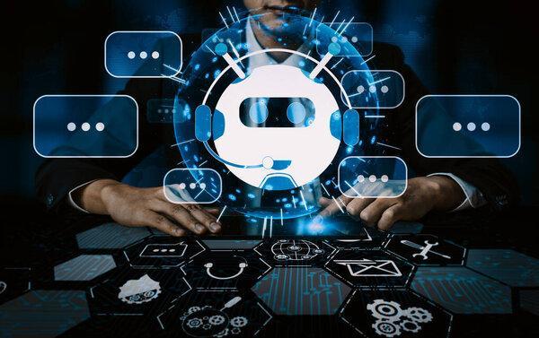 AI Chatbot智能数字客户服务应用概念。使用人工智能聊天机器人的计算机或移动设备应用程序自动在线回复消息，帮助客户即时对抗