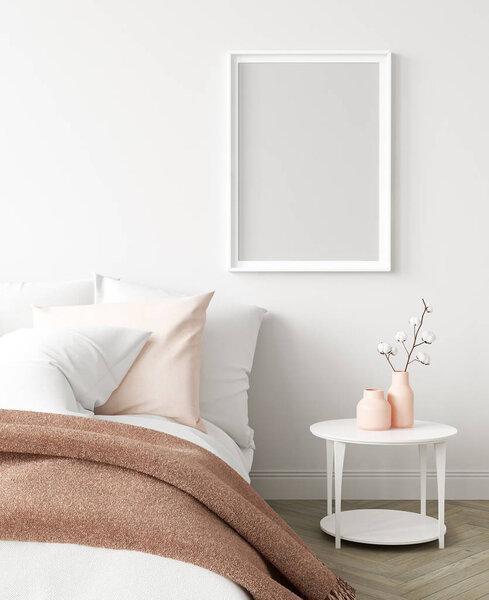 Mock-up poster frame in bedroom, Scandinavian style, 3d render