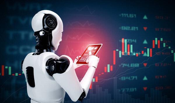 XAI 3D通过人工智能思维、人工智能和机器学习过程，在股票市场交易概念中使用平板电脑演示机器人人形。3D插图.