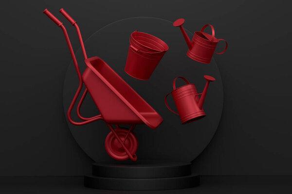 Garden equipment and supply on podium or pedestal on monochrome background. 3d render of display product like farm equipment and accessories