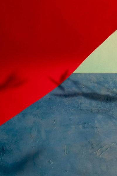 Color block. Product placement. Leaves foliage shadow on red blue paper cut geometric design abstract background with empty space.