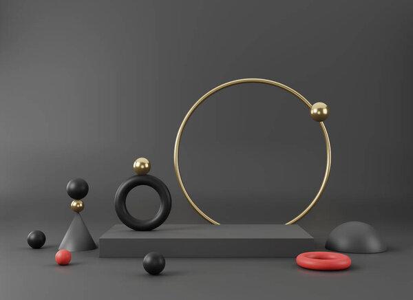 Abstract minimal scene with geometrical forms. Empty podium display on minimal background. Design for product presentation. 3D rendering.