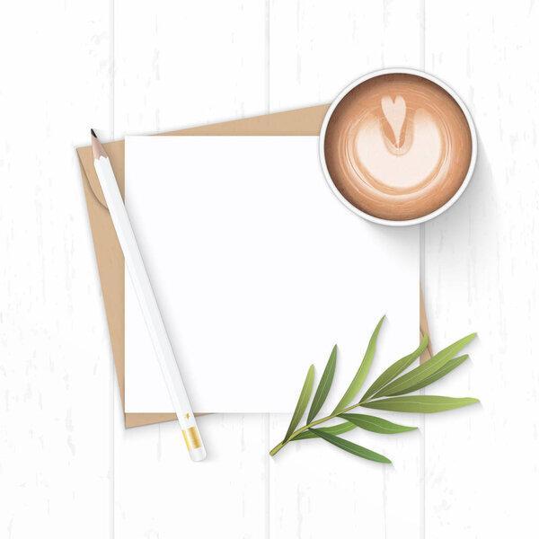 Flat lay top view elegant white composition letter kraft paper e