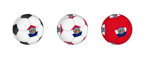 Collection football ball with the Missouri flag. Soccer equipment mockup with flag in three distinct configurations.