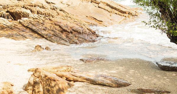 Rock Beach on Sea Background, Podium Stone Nature with Ocean at Coast, Mockup Stand Product Summer Tropical Backdrop, Sand seaside Water Seascape Coastline, Shore Island with Shadow Leaves Tree.