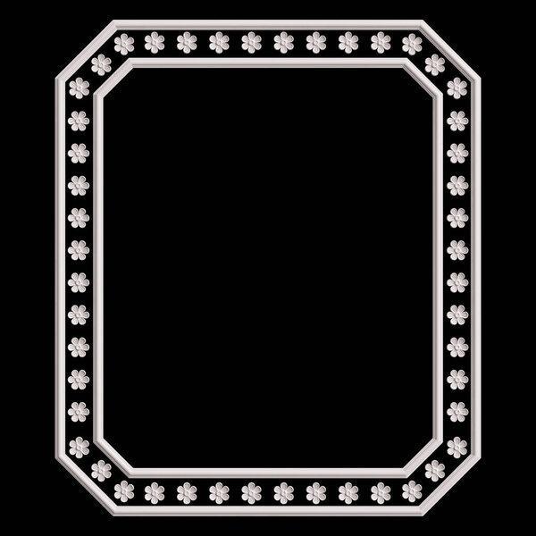 Classic white frame with ornament decor isolated on black background. Digital illustration. 3d rendering