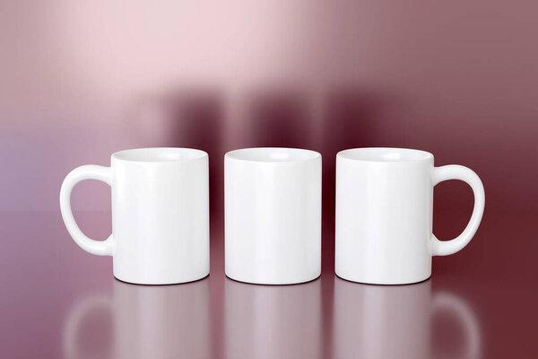 Three mug mockup all sides view. Pink Valentines background template for branding presentation. Mothers Day banner for advertising.