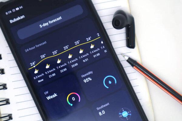 Madiun, Indonesia - September 20, 2025 : weather forecast application on smartphone.