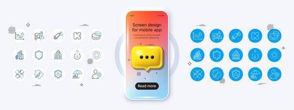 Phone mockup with 3d chat icon. Scroll down, Medical syringe and Pie chart line icons. Pack of Twinkle star, Ranking stars, Ice cream icon. Vector
