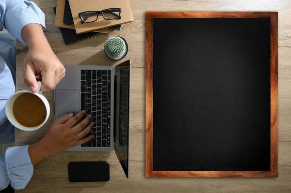 blank screen, flat lay tabletop office desk on wood Office deskt