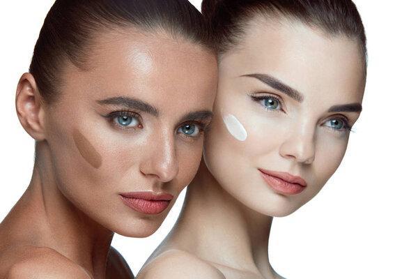 Facial Care. Beautiful Women Faces With Fresh Natural Makeup
