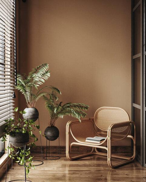 Wall mockup in home interior, living room in brown warm color, 3d render