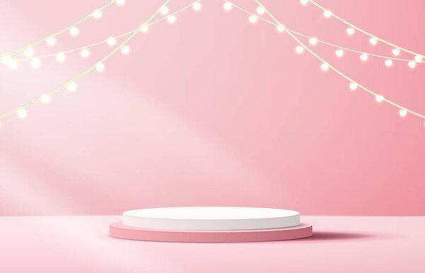 Happy valentines day and stage podium decorated with heart shape lighting. pedestal scene with for product, cosmetic, advertising, show, award ceremony, on pink background. vector design.
