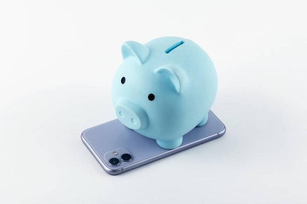 Blue piggy bank stands on a smartphone