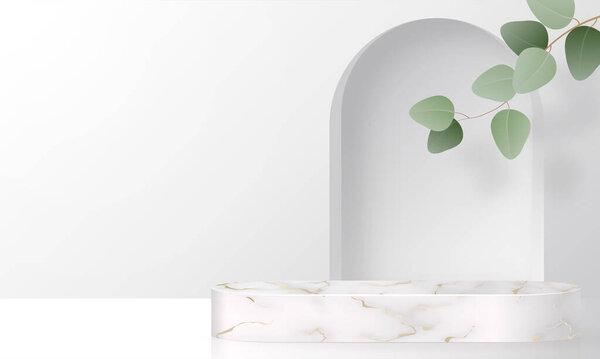 Background products marble podium with Eucalyptus leaves in love platform. background vector 3d with cylinder. podium stand to show cosmetic product with craft style.