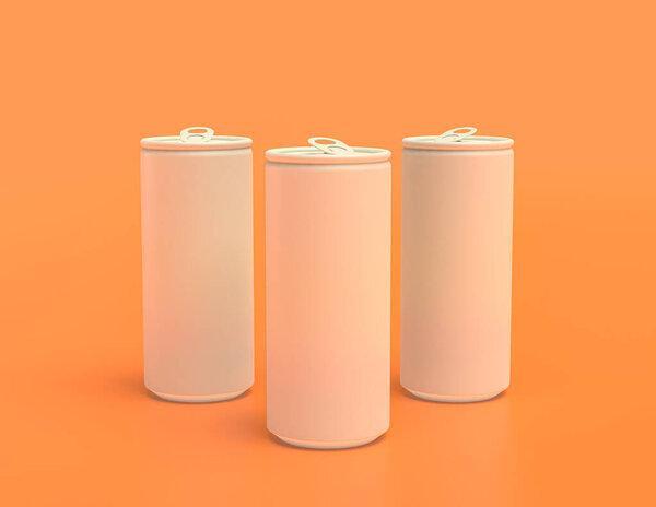 flat color white plastic soda cans in rows  in yellow orange background, monochrome, single color, 3d rendering, fast food and beverage object