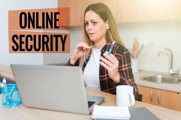 Hand writing sign Online Security. Business approach rules to protect against attacks over the Internet Sharing Experience Through Video Blogging, Learning New Knowledge Online