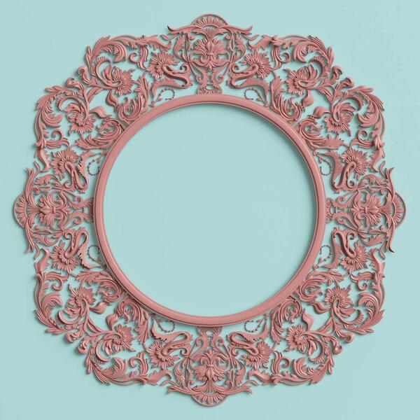 Classic frame with ornament decor in pastel pink color isolated on pastel blue background. Digital illustration. 3d rendering