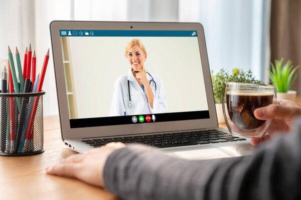 Doctor video call online by modish telemedicine software application for virtual meeting with patient