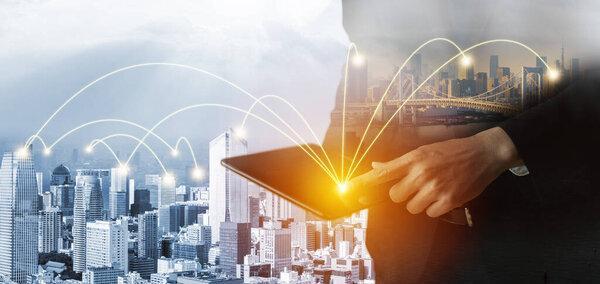 The modern creative communication and internet network connect in smart city . Concept of 5G wireless digital connection and internet of things future.
