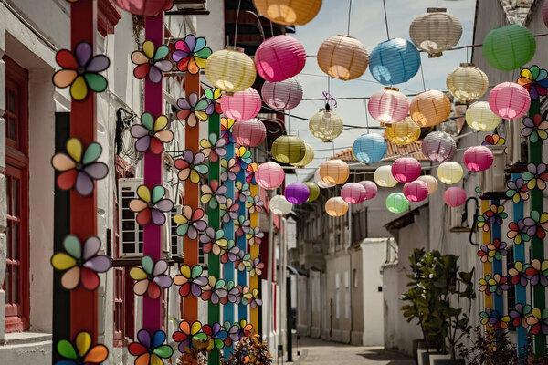 Colorful Chinese lanterns on the street of George Town, Penang. Preparation for Chinese New Year