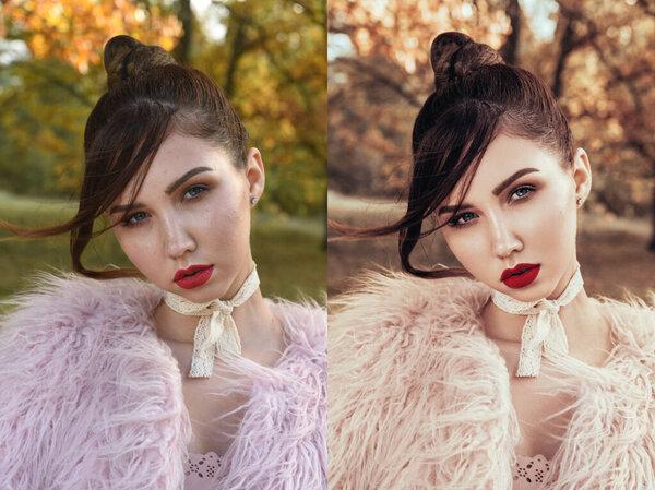 Fashion Female Model In Fashionable Clothes fur coat Posing In autumn forest. Portrait Of Beautiful Sexy Woman In Stylish Fall Or Spring Clothing : Shirt, Scarf, Pants, Bag Sitting On Stairs Outdoors In Autumn