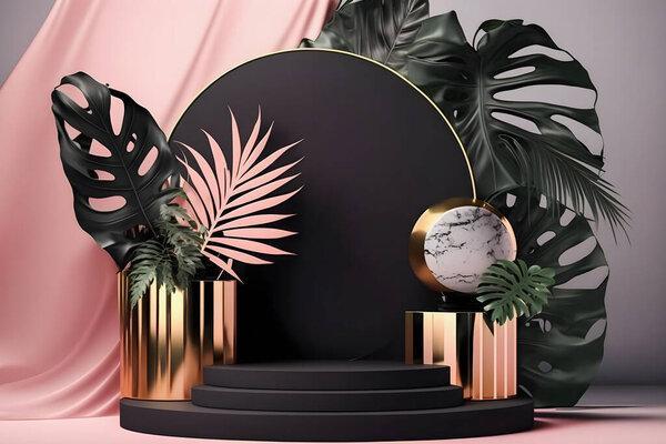 A luxurious mate white marble pink podium stage display mockup perfect for product presentation. Featuring a green tropical palm leaves illustration, it adds a touch of exotic glamour