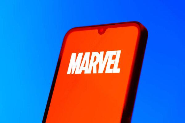 Prague, Czechia - 10 21 2024: Smartphone on surface showing Marvel logo