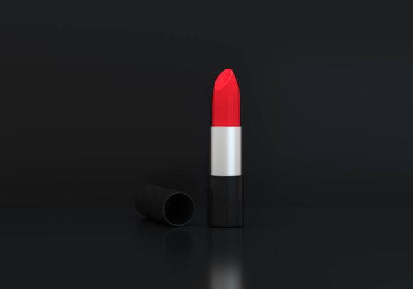 Elegant red Lipstick on a black studio background. Beauty concept. 3D rendering.