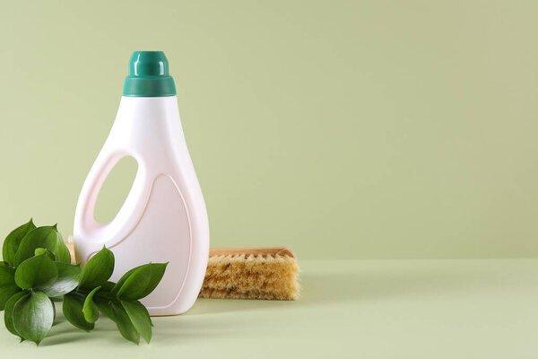 一壶清洁用品、刷子和花卉装饰在浅绿色背景上.案文的篇幅