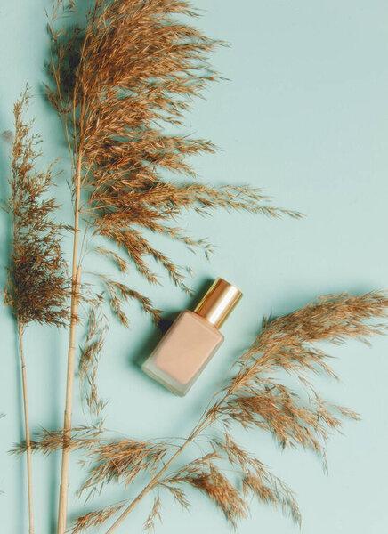 Dry bulrush and nail polish on blue background. Above view 
