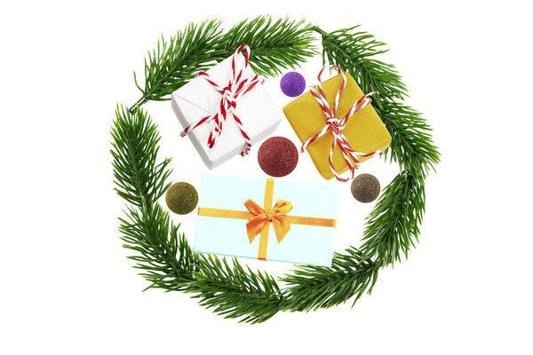 Christmas composition. Isolated on a white background. Gifts bal