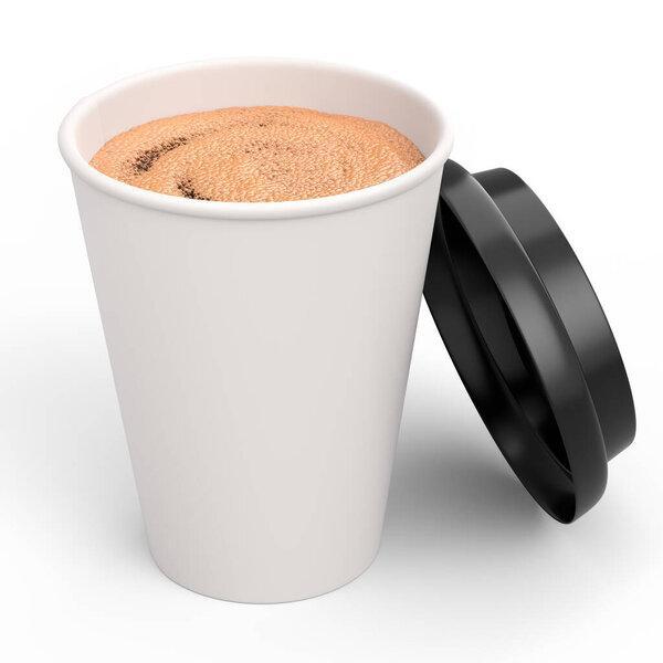 Paper coffee cup with cover for cappuccino, americano, espresso, mocha, latte, cocoa on white background. 3d render of concept takeaway food and drink in recycling packaging
