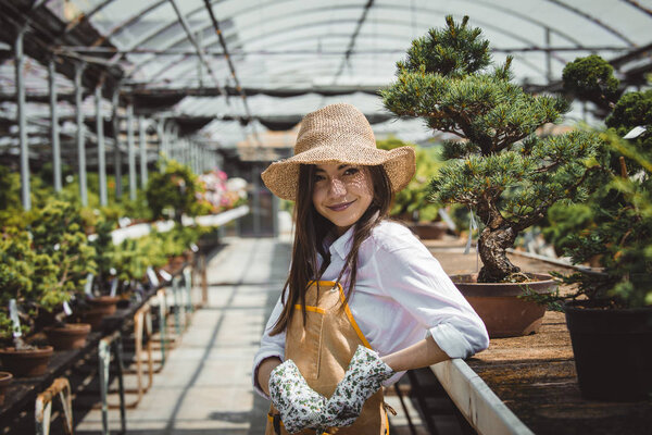 漂亮的女性园丁照顾植物在她的花卉商店-亚洲妇女在温室工作