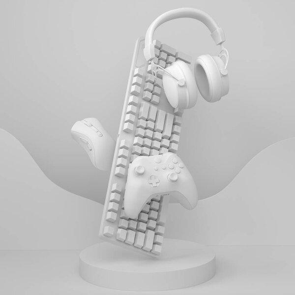 Set of video game joystick, keyboard and headphones on podium with steps on monochrome background. 3d render of display product like streaming gear for cloud gaming and gamer workspace concept