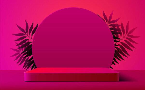 Abstract scene background. Cylinder podium with leaves on pink background. Product presentation, mock up, show cosmetic product, Podium, stage pedestal or platform.