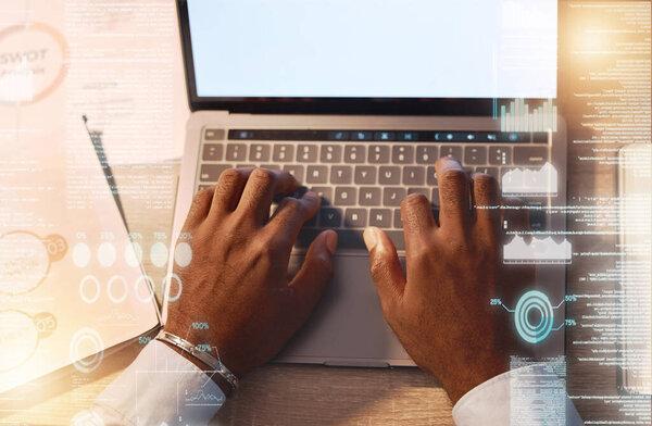 Digital, chart and laptop with hands of black man in office for overlay, planning and data graphics mockup. Research, planning and business with male typing for internet, strategy and technology.