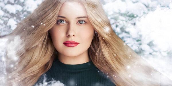 Winter beauty, Christmas time and happy holidays, beautiful woman with long hairstyle and natural make-up in snowy forest, snowing snow design as xmas, New Year and holiday lifestyle portrait style