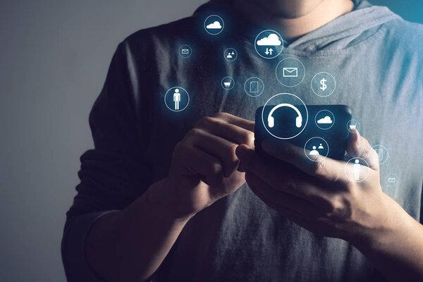 lifestyle man with technology data smartphone use to touch on screen for social media network cyber internet with ui information icon