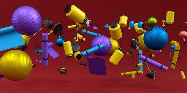 Flying and folling sport equipment like sport shaker, water bottles, kettlebell, fitness ball and yoga maton red background. 3d render of power lifting, fitness and gym concept