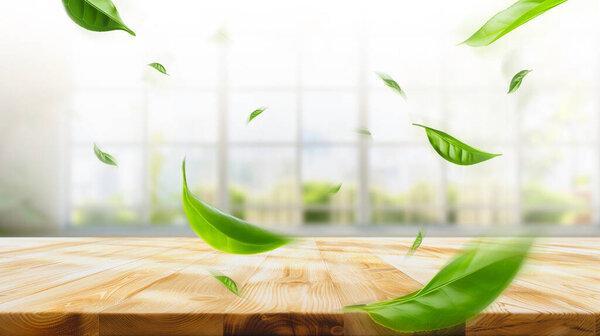 空的桌子后面是一个窗台，用来展示你的照片蒙太奇或产品，放在桌子上的空间