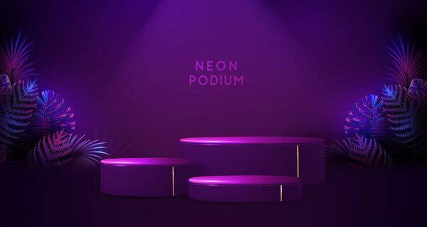 Fluorescent neon showcase background with 3d podium and tropic leaves.  Summer nature concept. Vector illustration