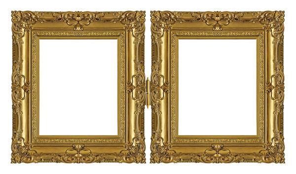 用于绘画、镜子或照片的双金色相框（双联画），在白色背景上隔离
