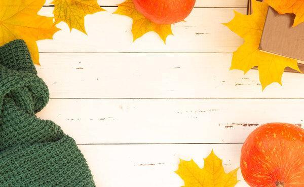 Autumn flatley, autumn leaves, pumpkin and knitted thing. Free space for text